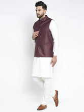 Men's Solid White Cotton Kurta Payjama with Solid Maroon Waistcoat